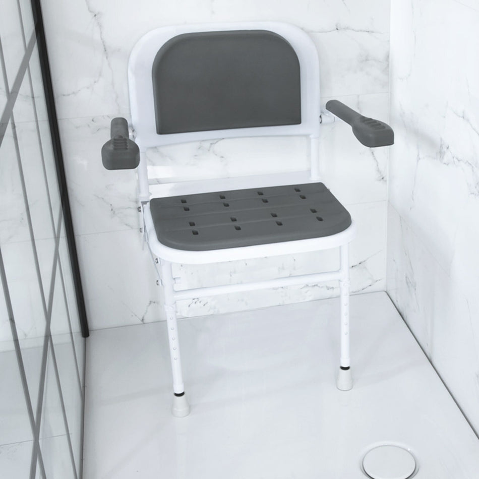 NRS Folding Shower Seat with Legs, Padded Seat, Back, and Arms