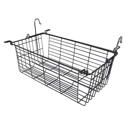 Angled view of 4 Wheel Rollator Basket rollator with seat, padded backrest, storage bag and four wheels on a plain background.