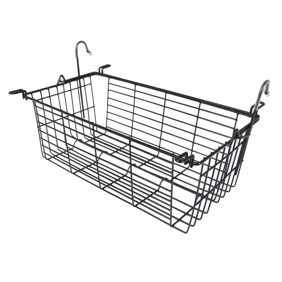 Angled view of 4 Wheel Rollator Basket rollator with seat, padded backrest, storage bag and four wheels on a plain background.