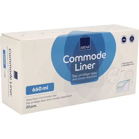 Abena Commode Liners-Pack of 20 with lid raised showing the open seat and removable commode pan, with supportive arms and adjustable height on a plain background.