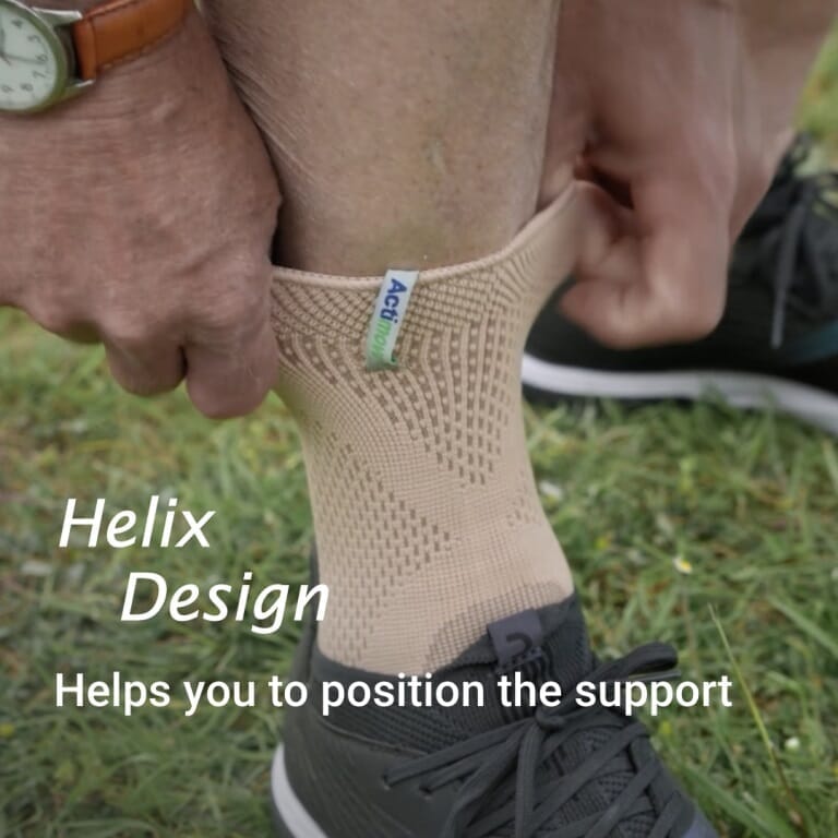 Packaging or retail box for Actimove Ankle Support support with branding and size information.