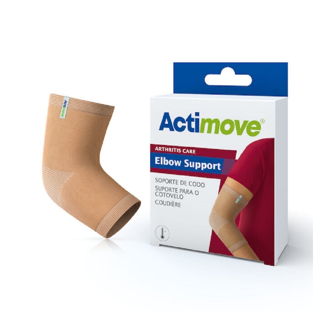 Actimove Arthritis Elbow Support support laid flat on a plain background, showing its breathable, elasticated material.