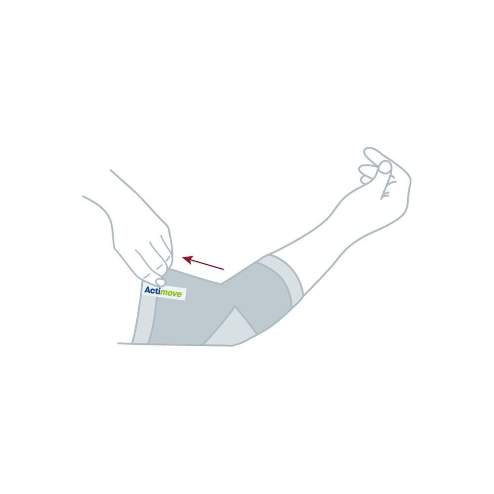 Actimove Arthritis Elbow Support support being applied or removed from the joint, illustrating ease of use.