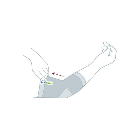 Actimove Arthritis Elbow Support support being applied or removed from the joint, illustrating ease of use.