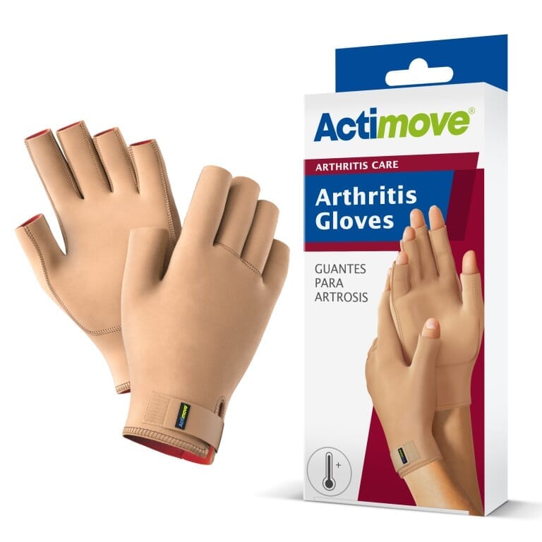 Pair of Actimove Arthritis Gloves arthritis gloves on a plain background, showing the open-finger design and stretchy fabric.