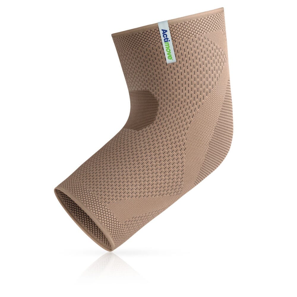 Packaging or retail box for Actimove Elbow Support support with branding and size information.
