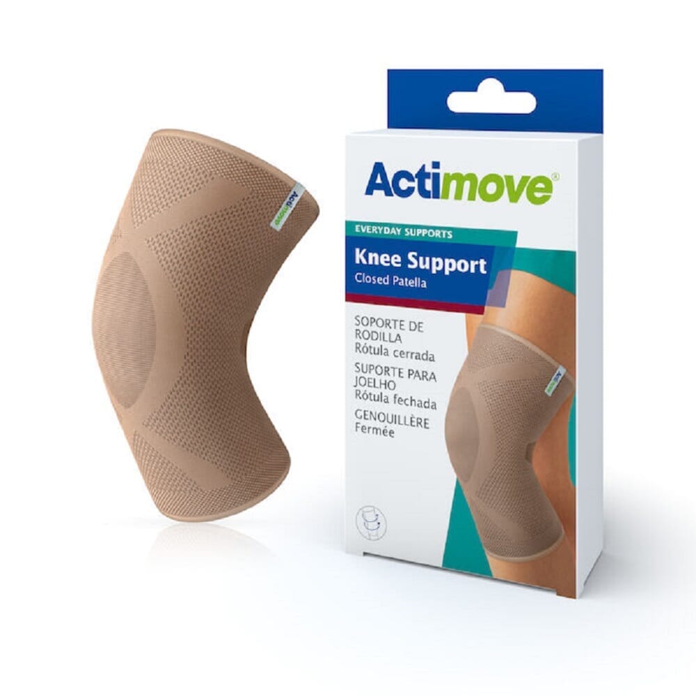 Actimove Knee Support support laid flat on a plain background, showing its breathable, elasticated material.