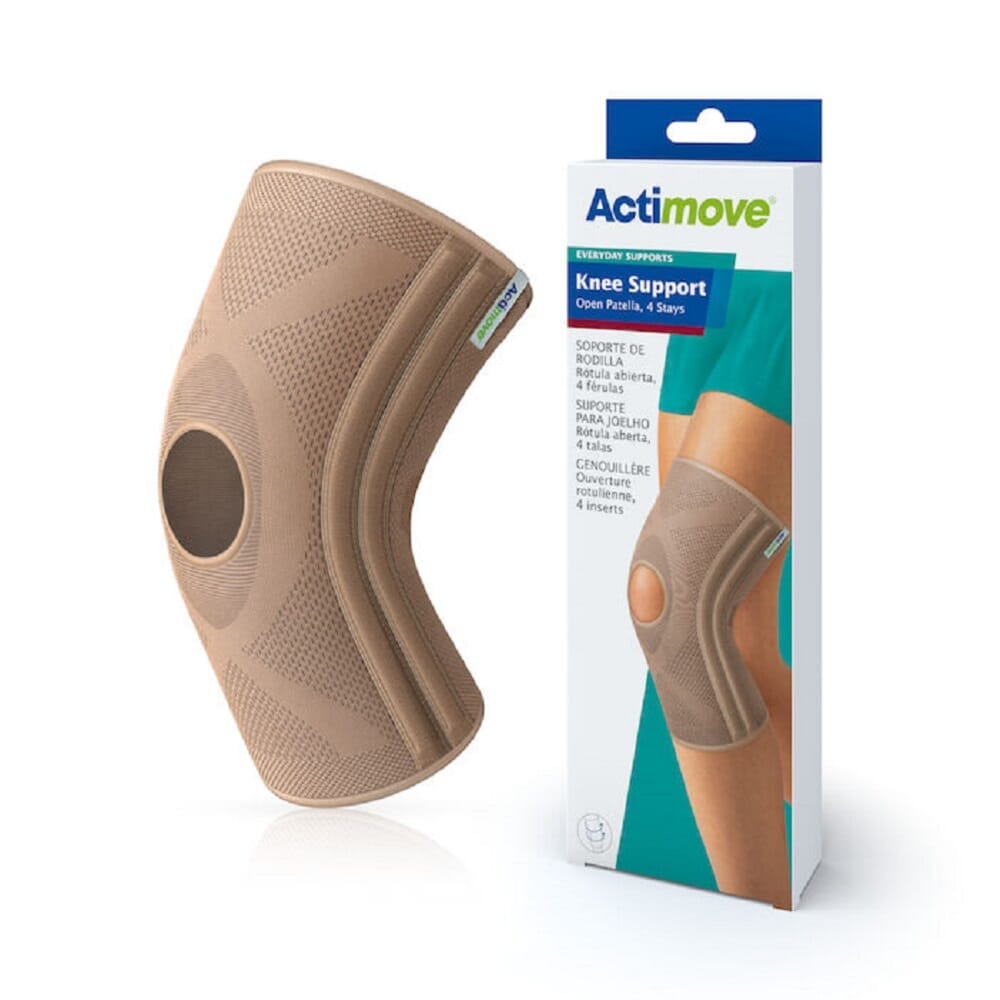 Actimove Knee Support with Four Stays support laid flat on a plain background, showing its breathable, elasticated material.