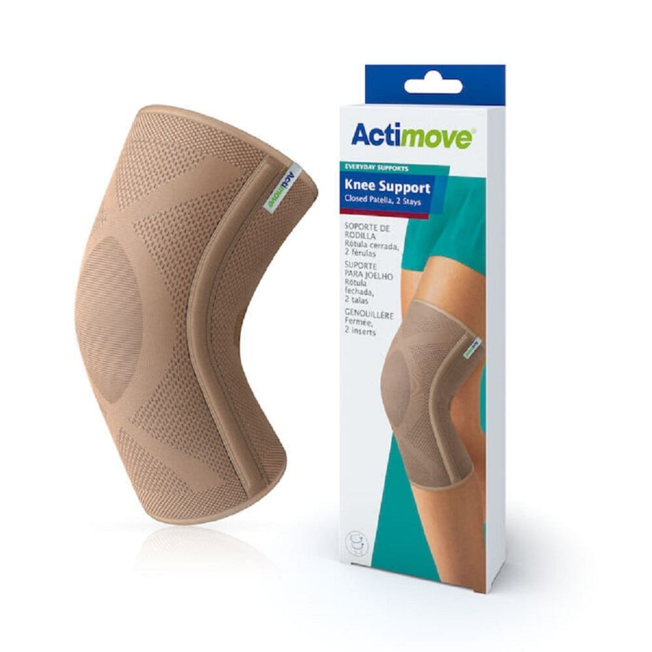 Actimove Knee Support with Two Stays support laid flat on a plain background, showing its breathable, elasticated material.