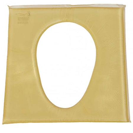 Action Commode Cushion for Pressure Relief with lid raised showing the open seat and removable commode pan, with supportive arms and adjustable height on a plain background.