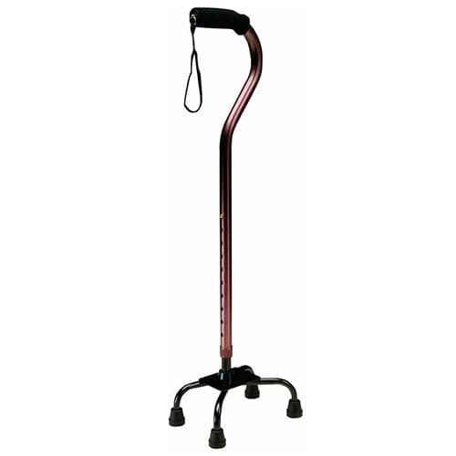 Full view of Adjustable Quad Walking Stick walking stick on a plain background, showing its handle, shaft and ferrule.