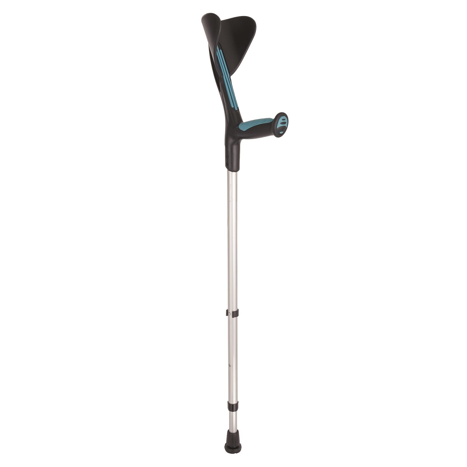 Advance Elbow Crutch: single elbow crutch on a plain background with an ergonomic handle, adjustable height and open cuff.