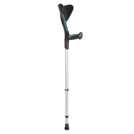 Advance Elbow Crutch: single elbow crutch on a plain background with an ergonomic handle, adjustable height and open cuff.