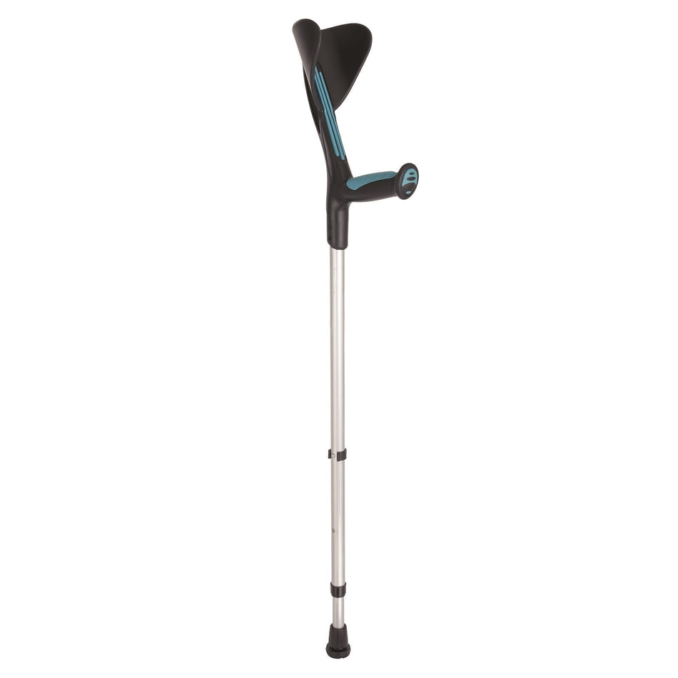 Advance Elbow Crutch: single elbow crutch on a plain background with an ergonomic handle, adjustable height and open cuff.