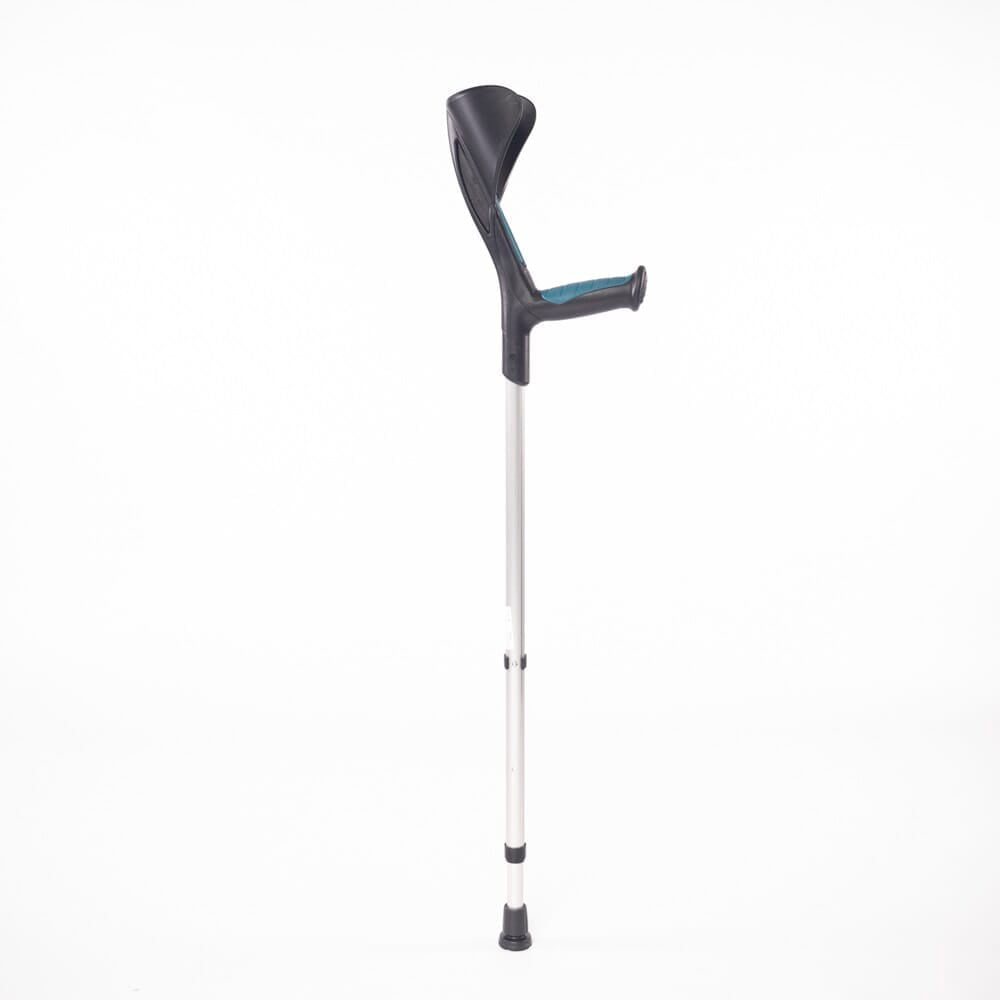 Advance Elbow Crutches: single elbow crutch on a plain background with an ergonomic handle, adjustable height and open cuff.