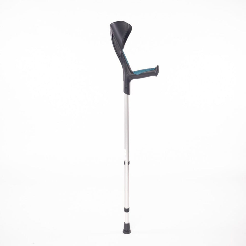 Advance Elbow Crutches: single elbow crutch on a plain background with an ergonomic handle, adjustable height and open cuff.