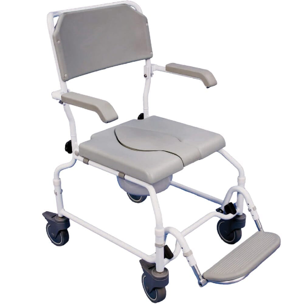 Aidapt Lightweight Shower Commode Chair with lid raised showing the open seat and removable commode pan, with supportive arms and adjustable height on a plain background.