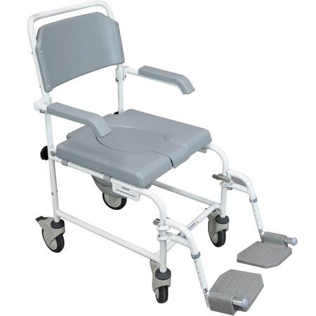 Aidapt Lightweight Shower Commode Chair with lid raised showing the open seat and removable commode pan, with supportive arms and adjustable height on a plain background.