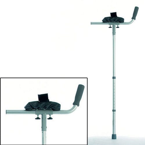 Arthritic Elbow Crutches-Pair: single elbow crutch on a plain background with an ergonomic handle, adjustable height and open cuff.