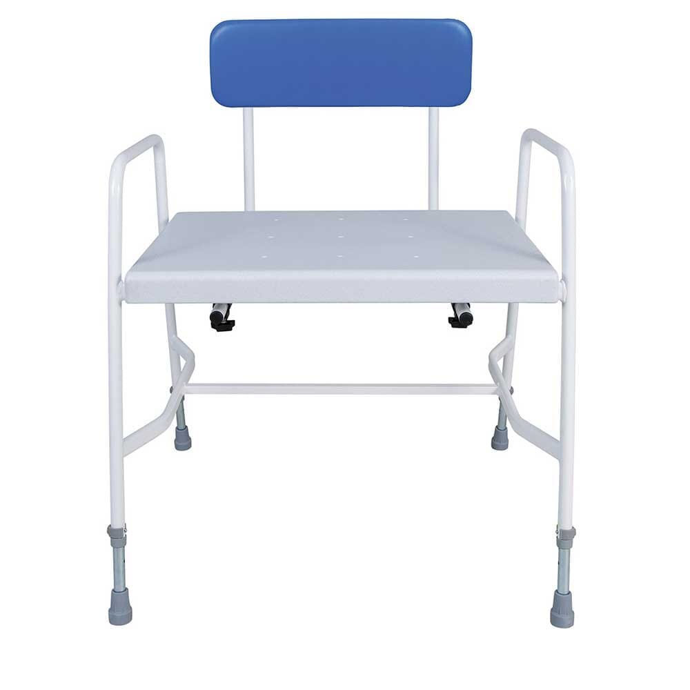 Angled view of Bariatric Detachable Back Shower Stool shower stool with moulded seat and height-adjustable legs on a plain background.