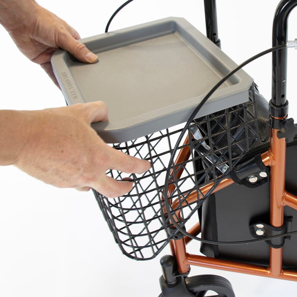 Front view of Basket and Tray Set for NRS 3 Wheel Rollator three-wheel rollator showing handlebars, brake cables and single front wheel.