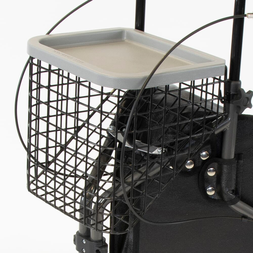 Basket and Tray Set for NRS 3 Wheel Rollator three-wheel rollator folded for storage, showing its compact design.