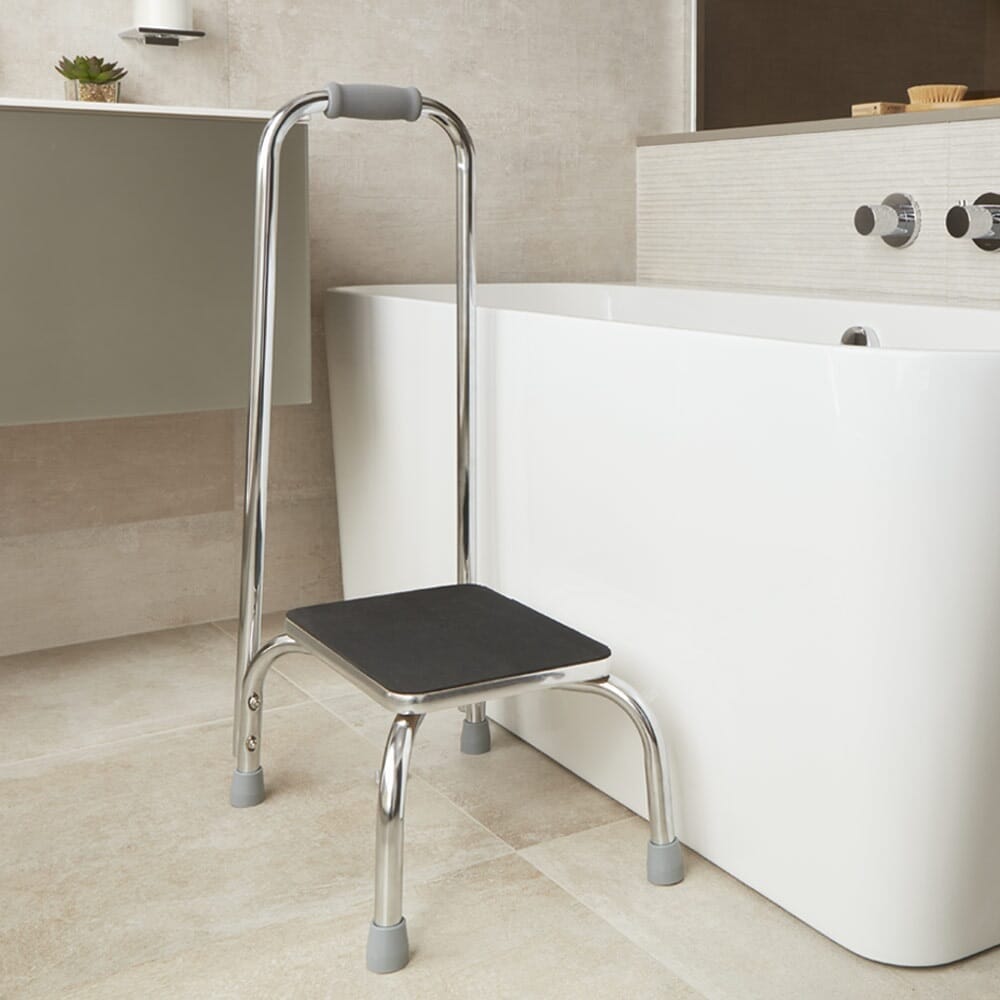 Image of Bath Step Stool with Handrail on a plain background.