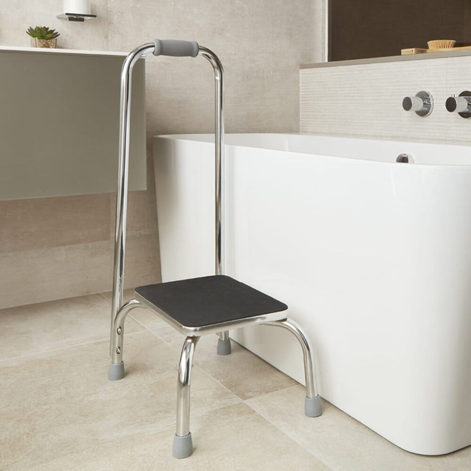 Image of Bath Step Stool with Handrail on a plain background.
