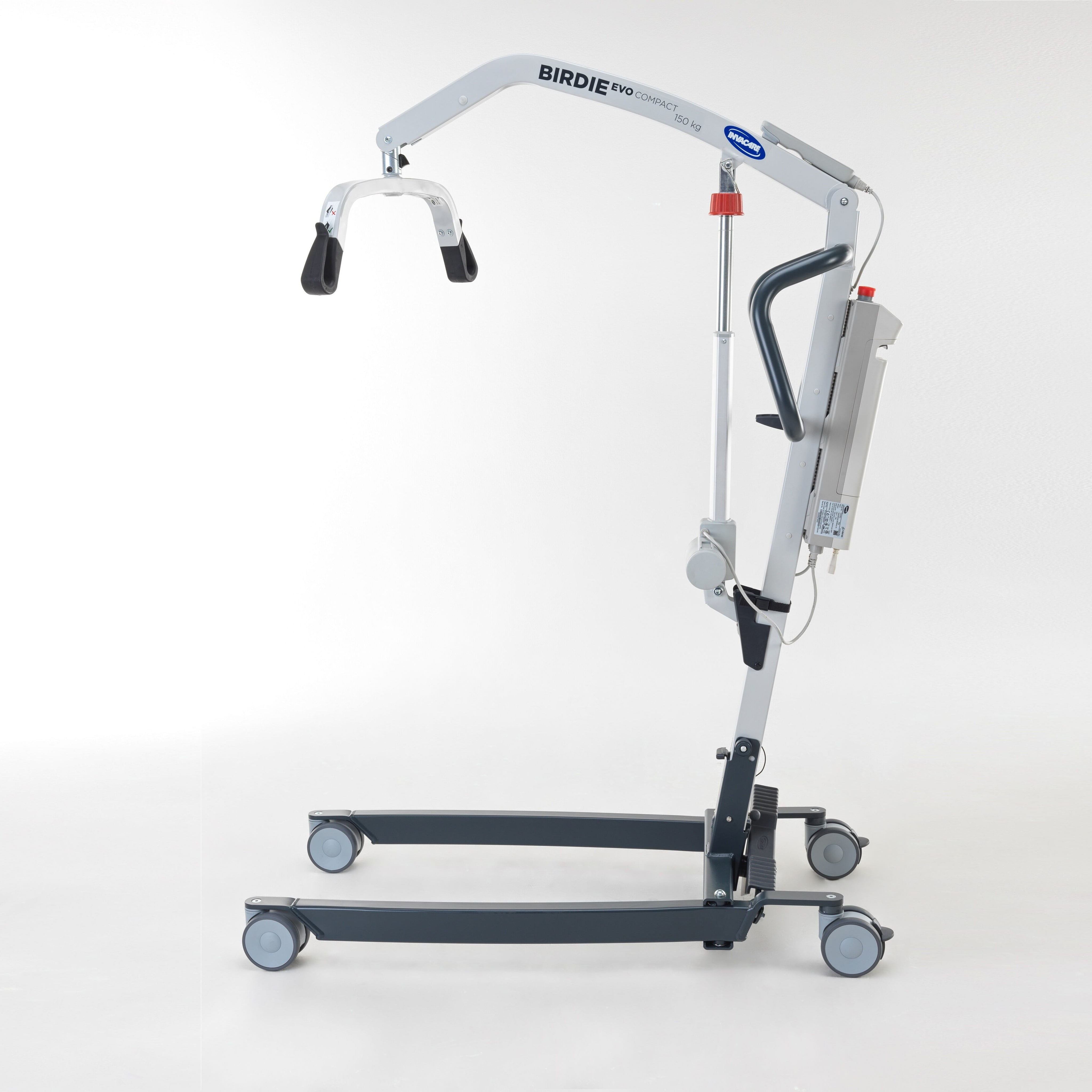 Close-up of the sling attachment points or spreader bar on Birdie Folding Electric Hoist hoist.