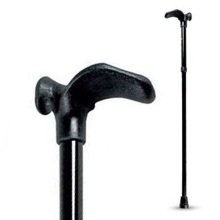 Full view of Black Ergonomic Walking Stick walking stick on a plain background, showing its handle, shaft and ferrule.