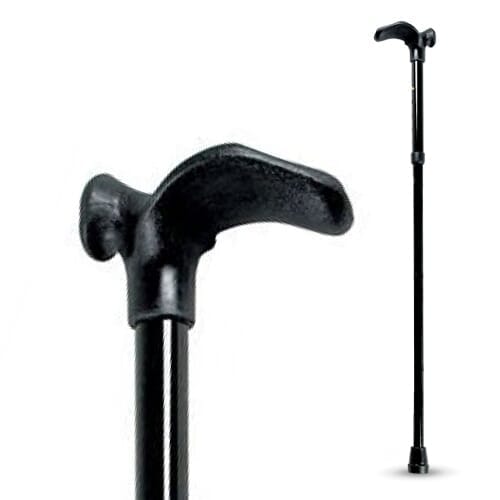 Full view of Black Ergonomic Walking Stick walking stick on a plain background, showing its handle, shaft and ferrule.