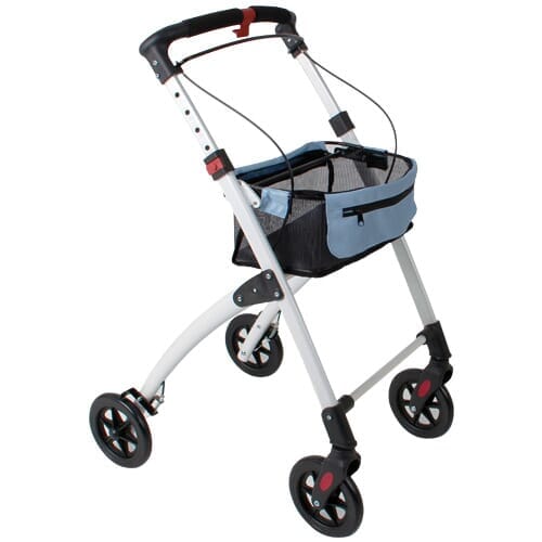 Angled view of Breeze Indoor Rollator rollator with seat, padded backrest, storage bag and four wheels on a plain background.