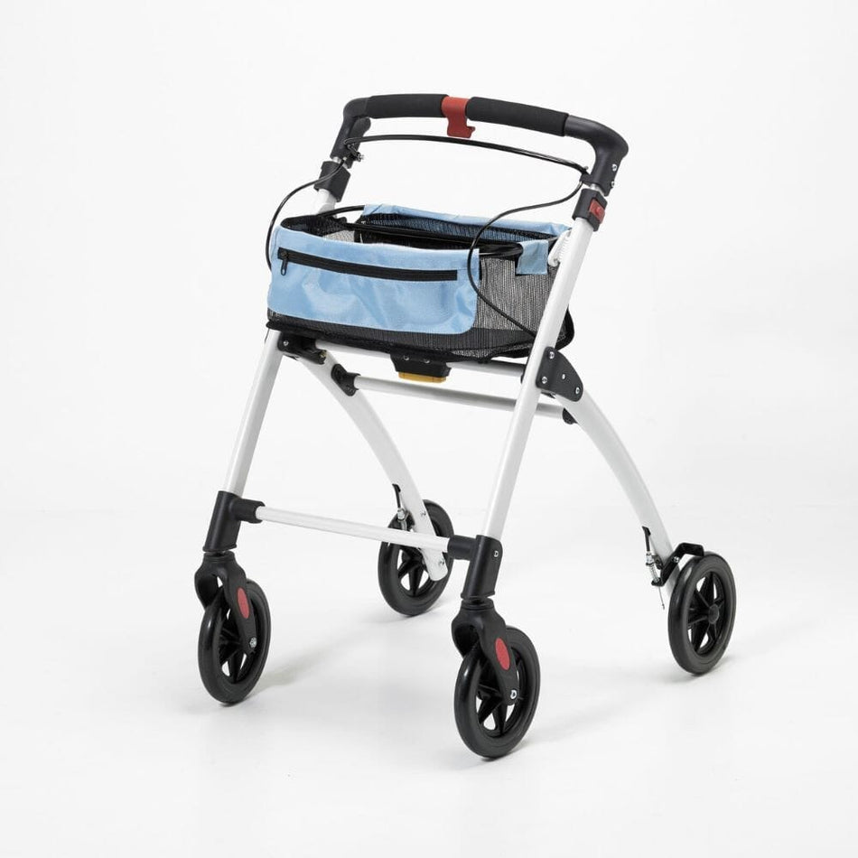 Front view of Breeze Indoor Rollator rollator with seat and padded backrest, showing the handlebars and brake cables.