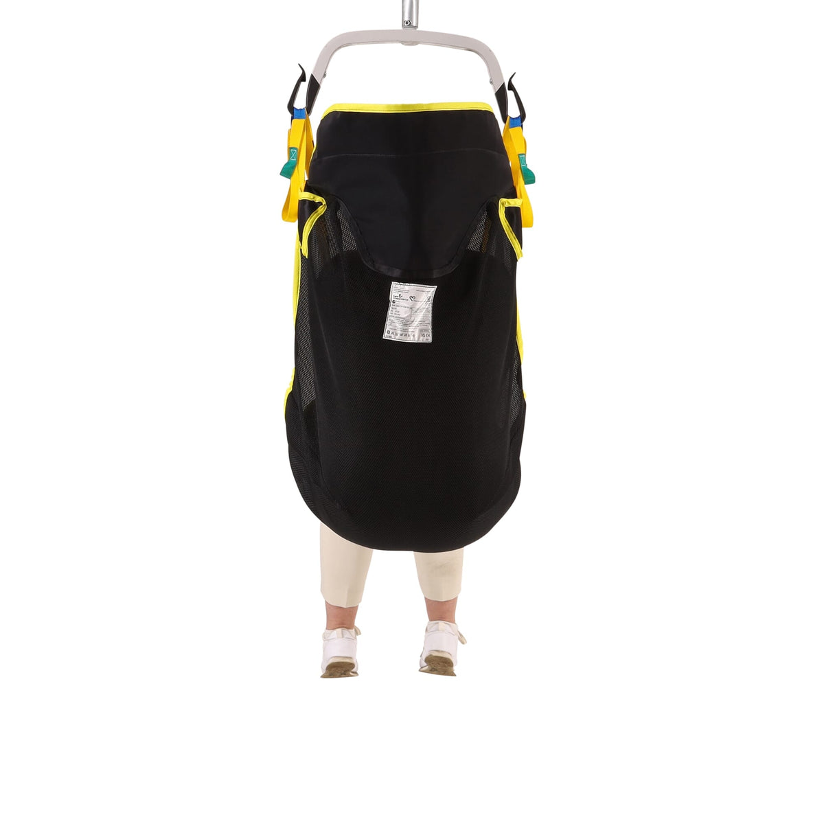 Diagram or packaging of COMFORT VALUE In-Chair Split Leg Highback Sling highlighting dimensions or features.