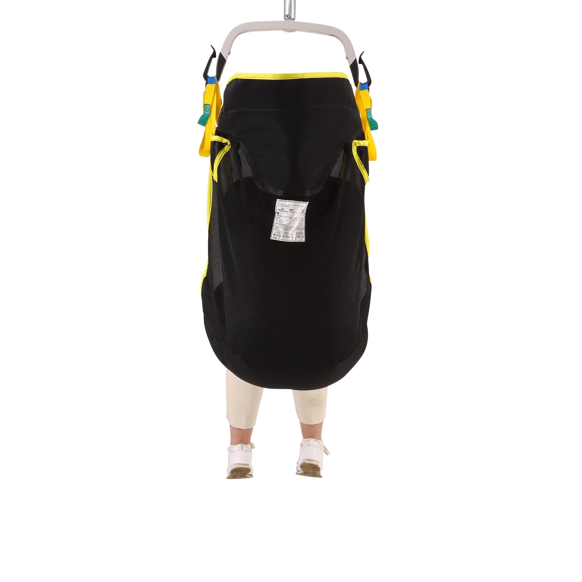 Diagram or packaging of COMFORT VALUE In-Chair Split Leg Highback Sling highlighting dimensions or features.