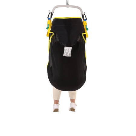 Diagram or packaging of COMFORT VALUE In-Chair Split Leg Highback Sling highlighting dimensions or features.