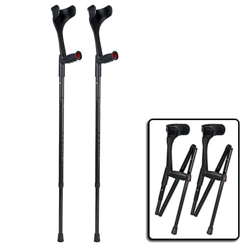 Carbon Fibre Folding Crutches: single elbow crutch on a plain background with an ergonomic handle, adjustable height and open cuff.