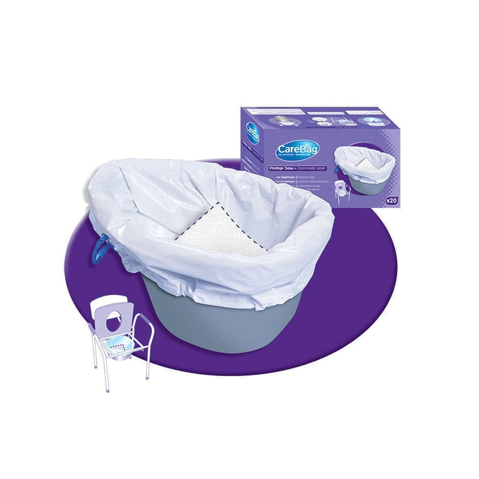 Care Bag Commode Liners-Pack of 20 with lid raised showing the open seat and removable commode pan, with supportive arms and adjustable height on a plain background.