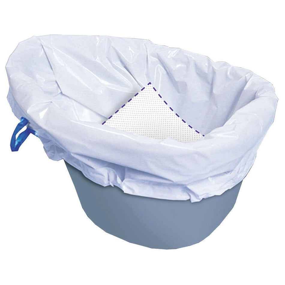 Care Bag Commode Liners-Pack of 20 with lid closed, highlighting the padded seat and discreet design.