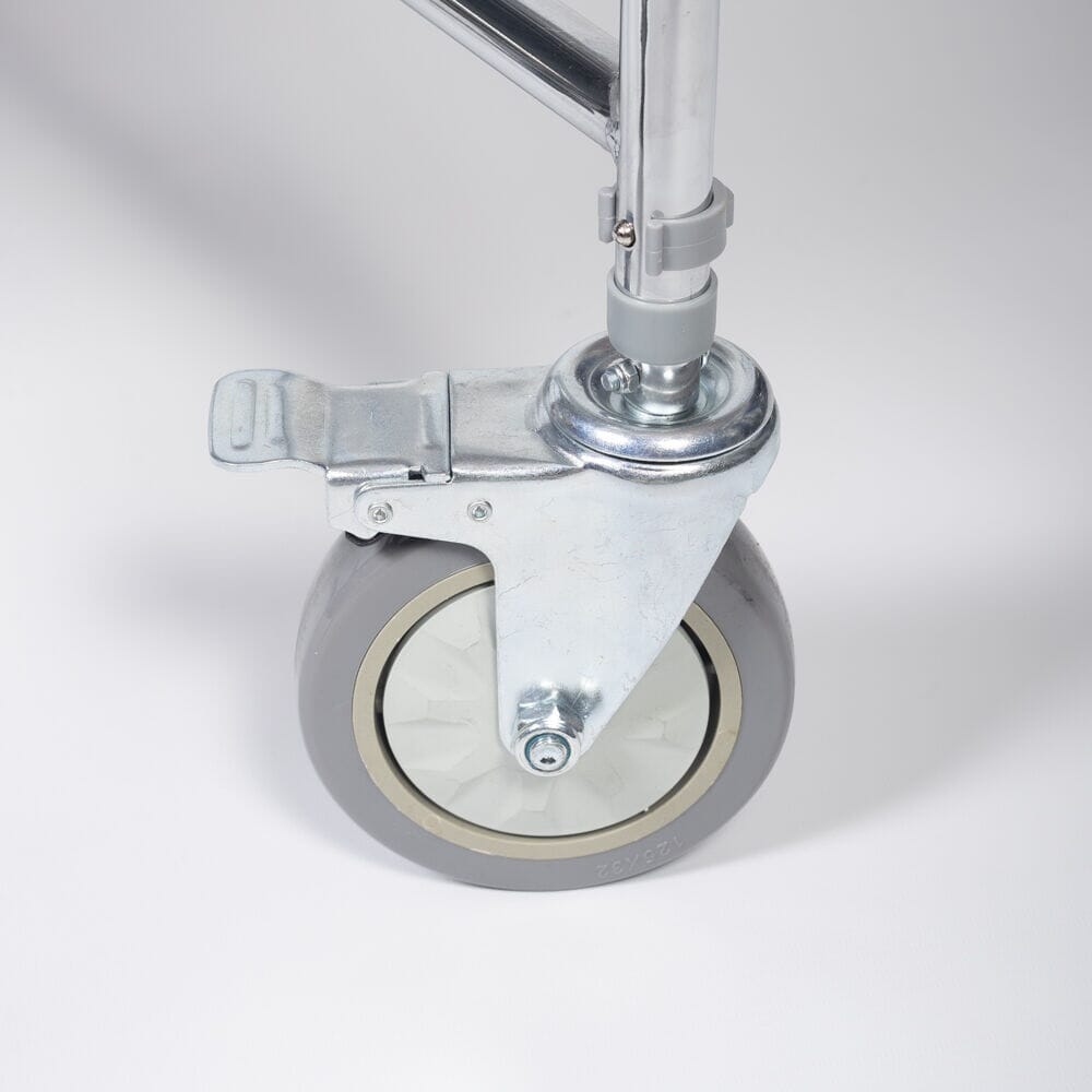 Castor for Mobile Commode with lid raised showing the open seat and removable commode pan, with supportive arms and adjustable height on a plain background.