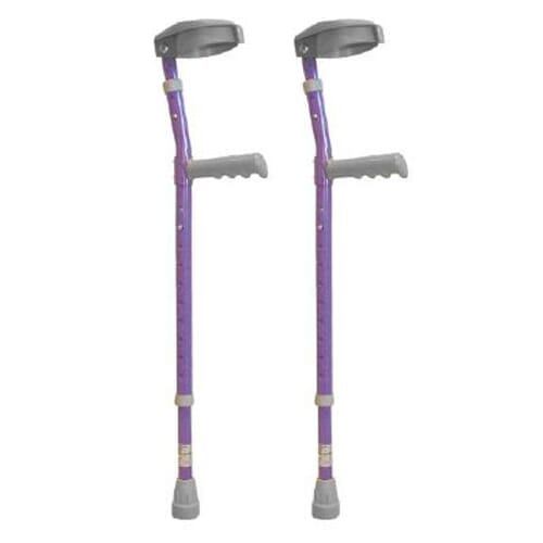 Childrens Coloured Crutches: single elbow crutch on a plain background with an ergonomic handle, adjustable height and open cuff.