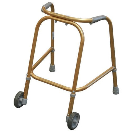 Childrens Wheeled Walking Frame on a plain background with two front wheels, two rear ferrules and both upper and lower handgrips.