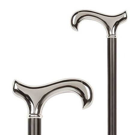 Full view of Chrome Derby Handle Walking Stick walking stick on a plain background, showing its handle, shaft and ferrule.