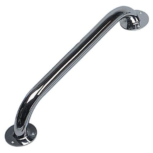 Full view of Chrome Plated Grab Rail grab rail with circular wall plates and a textured grip, designed to provide support in bathrooms and other areas.
