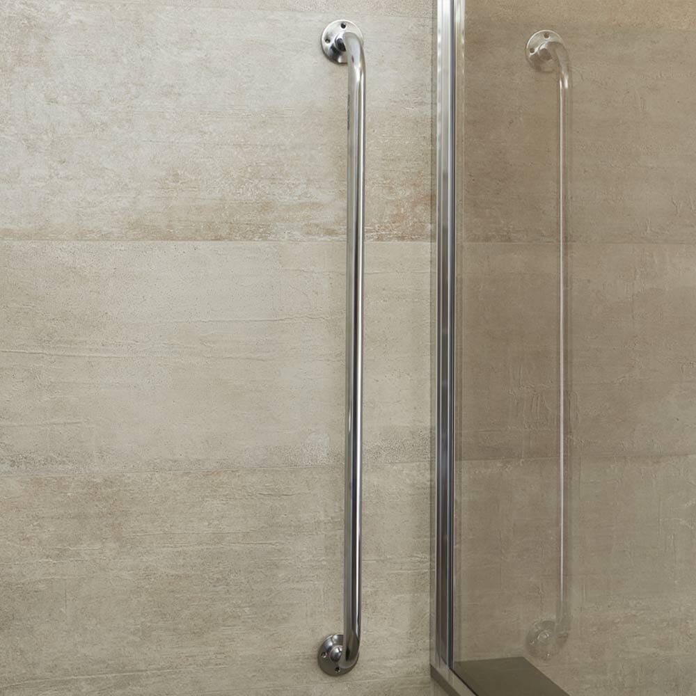 Full view of Chrome Plated Grab Rail grab rail with circular wall plates and a textured grip, designed to provide support in bathrooms and other areas.