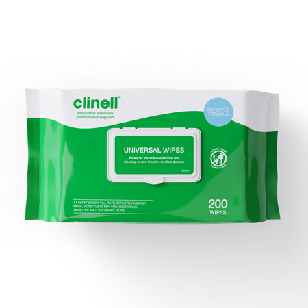 Image of Clinell Antibacterial Wipes on a plain background.