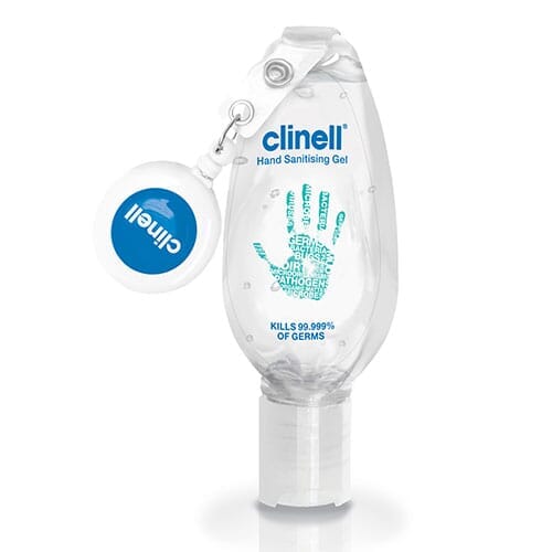 Image of Clinell Hand Sanitiser Gel 50ml Dispenser with Clip on a plain background.
