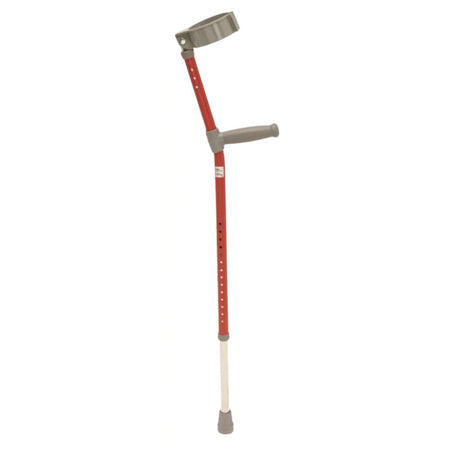 Coloured Crutches: single elbow crutch on a plain background with an ergonomic handle, adjustable height and open cuff.