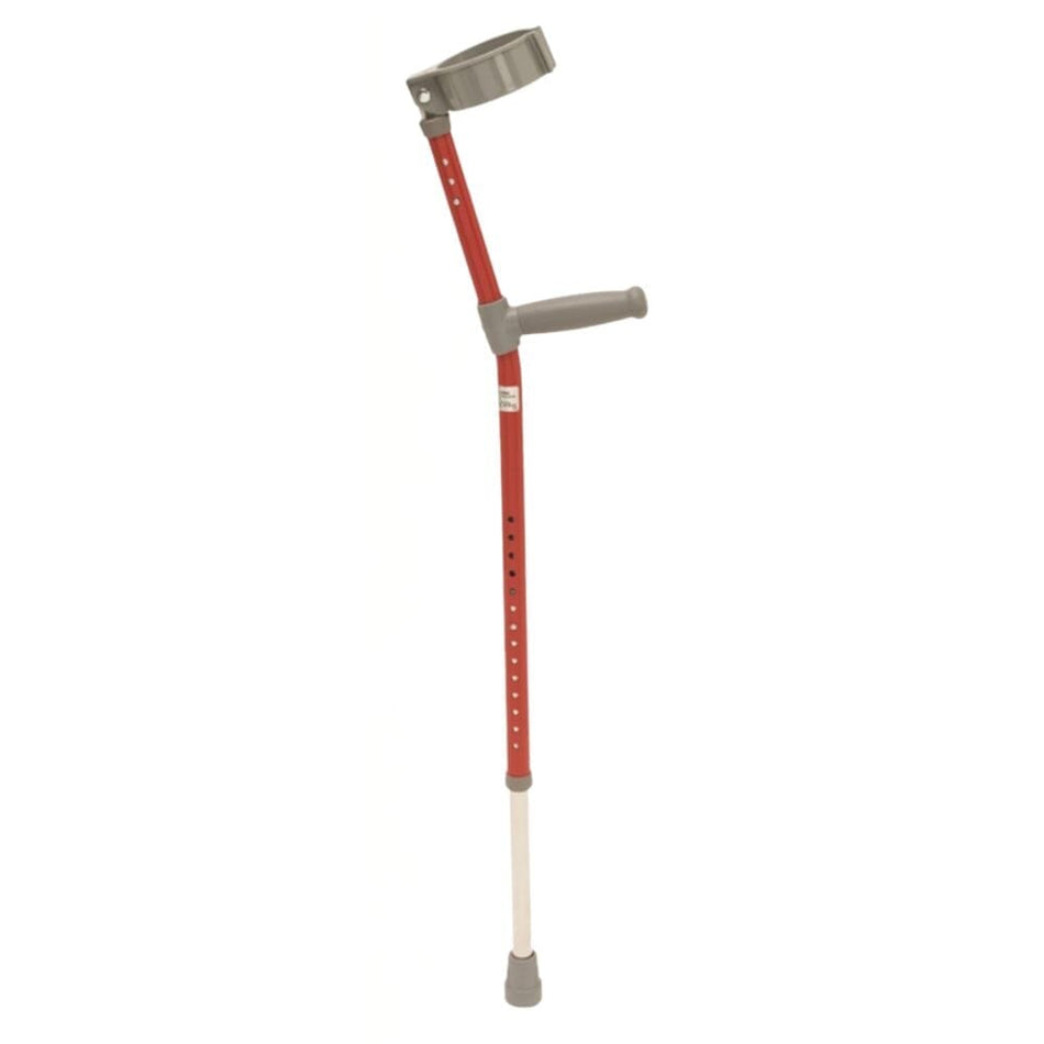 Coloured Crutches: single elbow crutch on a plain background with an ergonomic handle, adjustable height and open cuff.