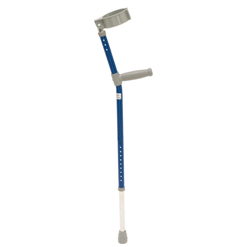 Coloured Crutches: single elbow crutch on a plain background with an ergonomic handle, adjustable height and open cuff.